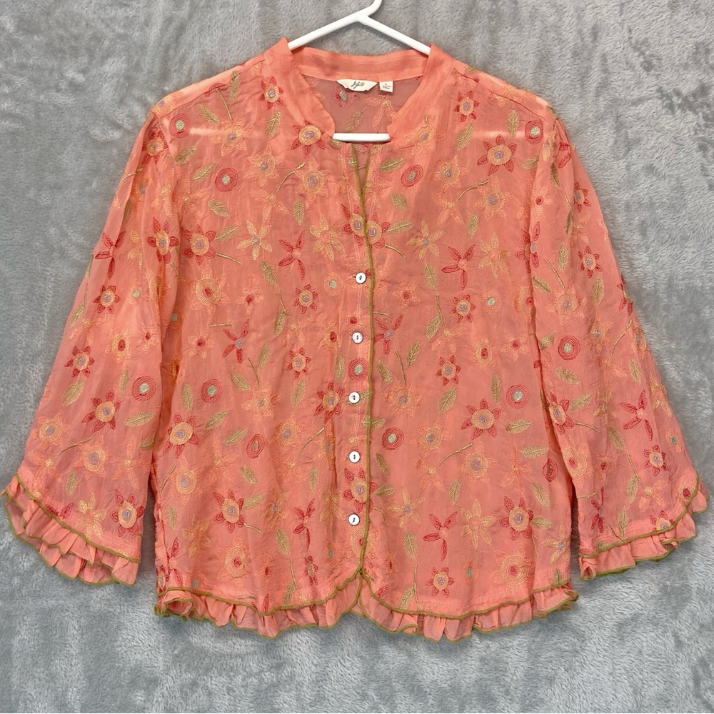 J Jill Womens Fairy Whimsy Top Size L Coral Coquette Dainty Ruffle 3/4 Sleeve